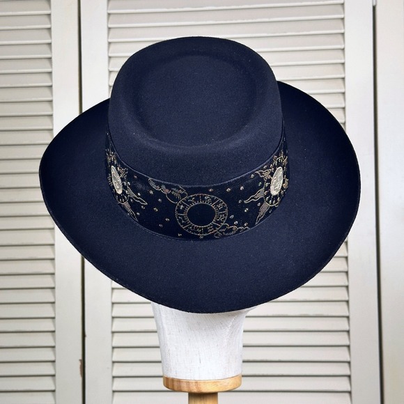 Unique Vintage Accessories - Vintage Italian Black Celestial Wool Fedora Sun Moon Gold Embroidered Ribbon Hat